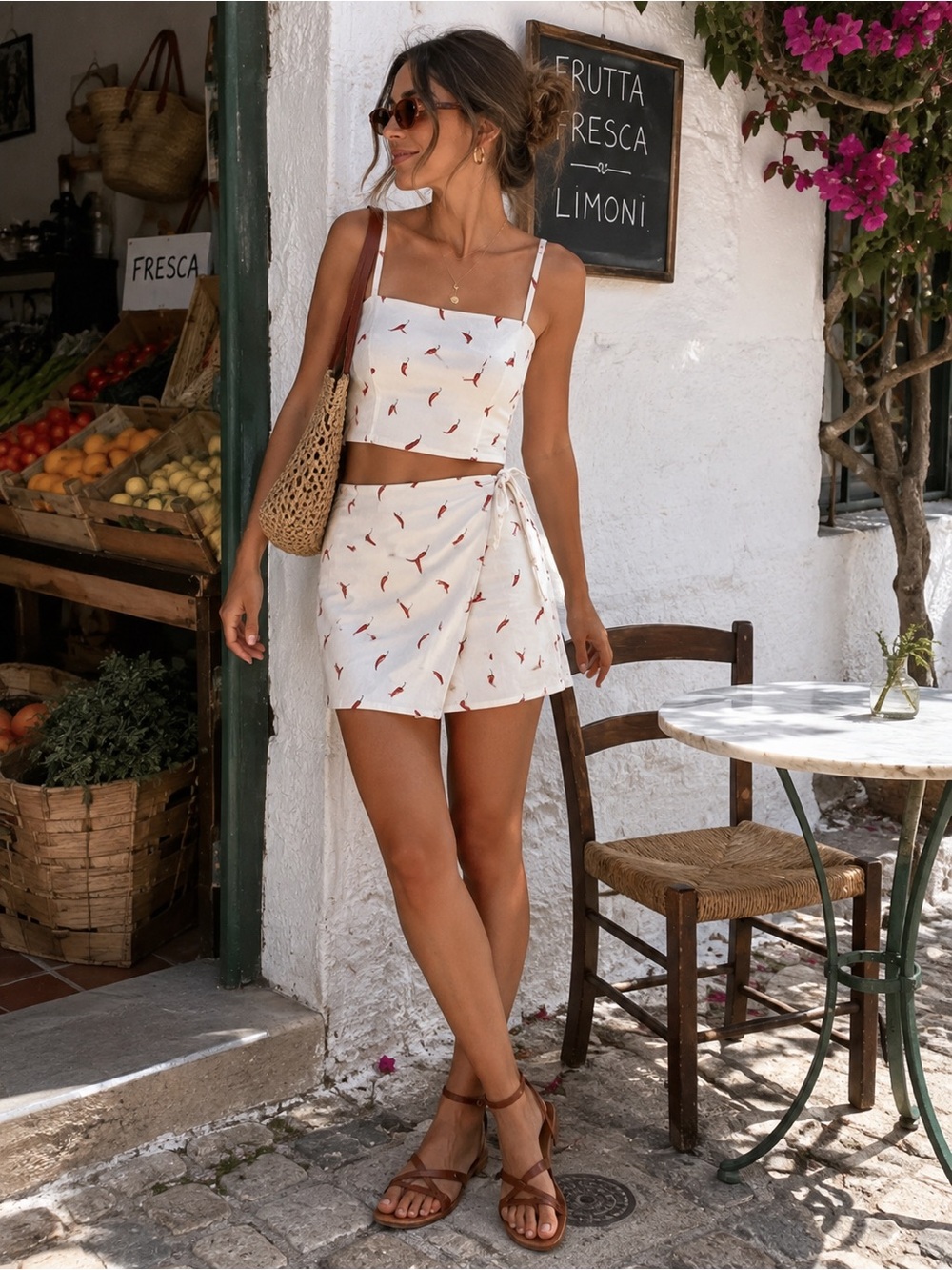 Japna Chili Pepper Crop Top Wrap Skirt Set Small Linen Blend Y2K